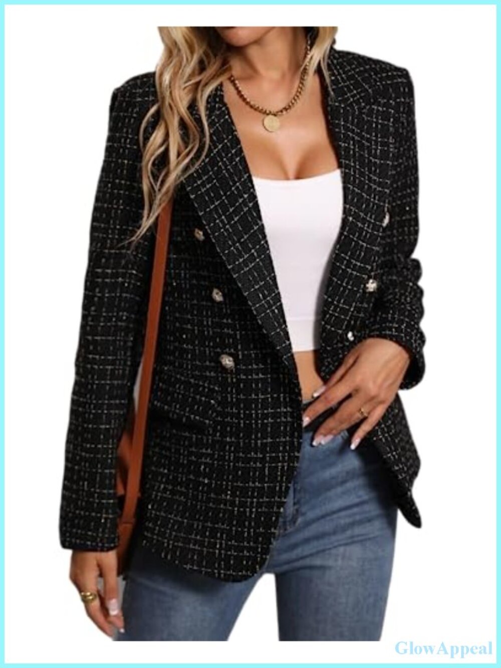 Women's Tweed Plaid Blazer Relaxed Fit Business Casual Long Sleeve